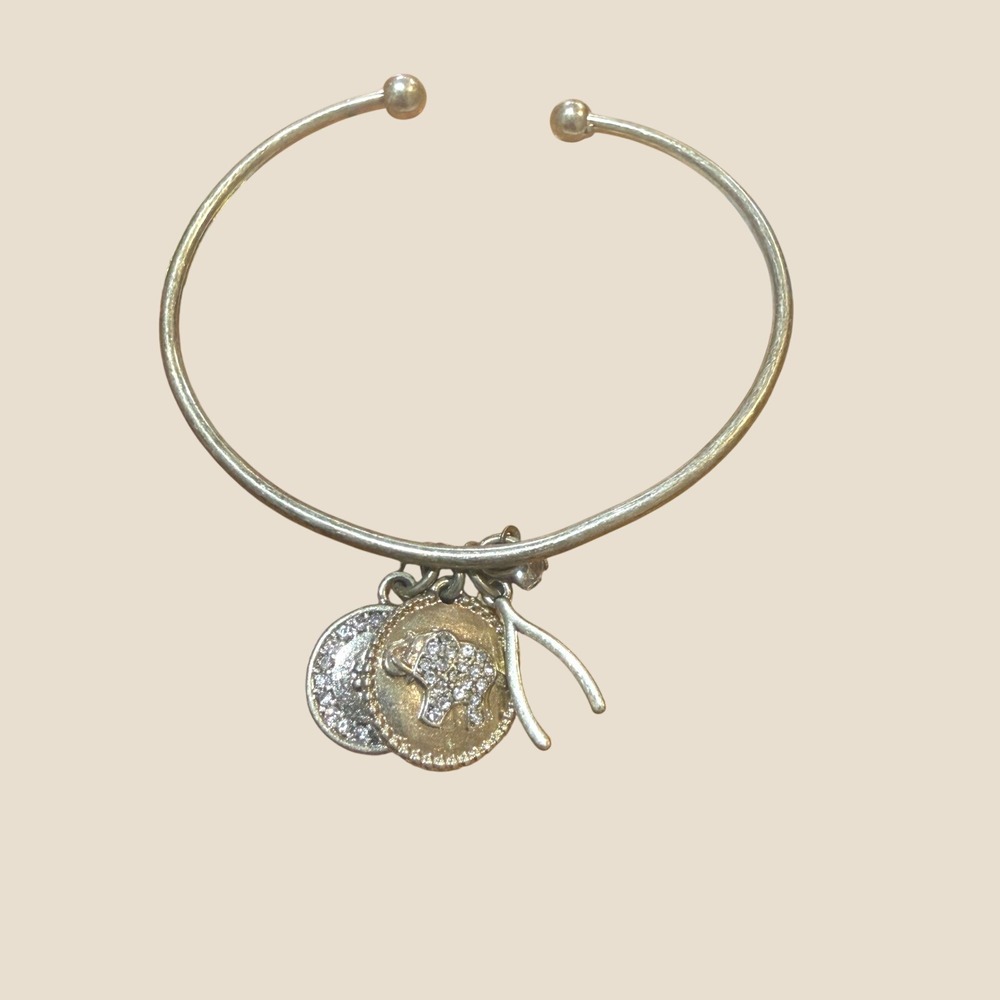 Silver Tone Cuff Bracelet Elephant Wishbone Sunburst Charms Pave Crystal Accent